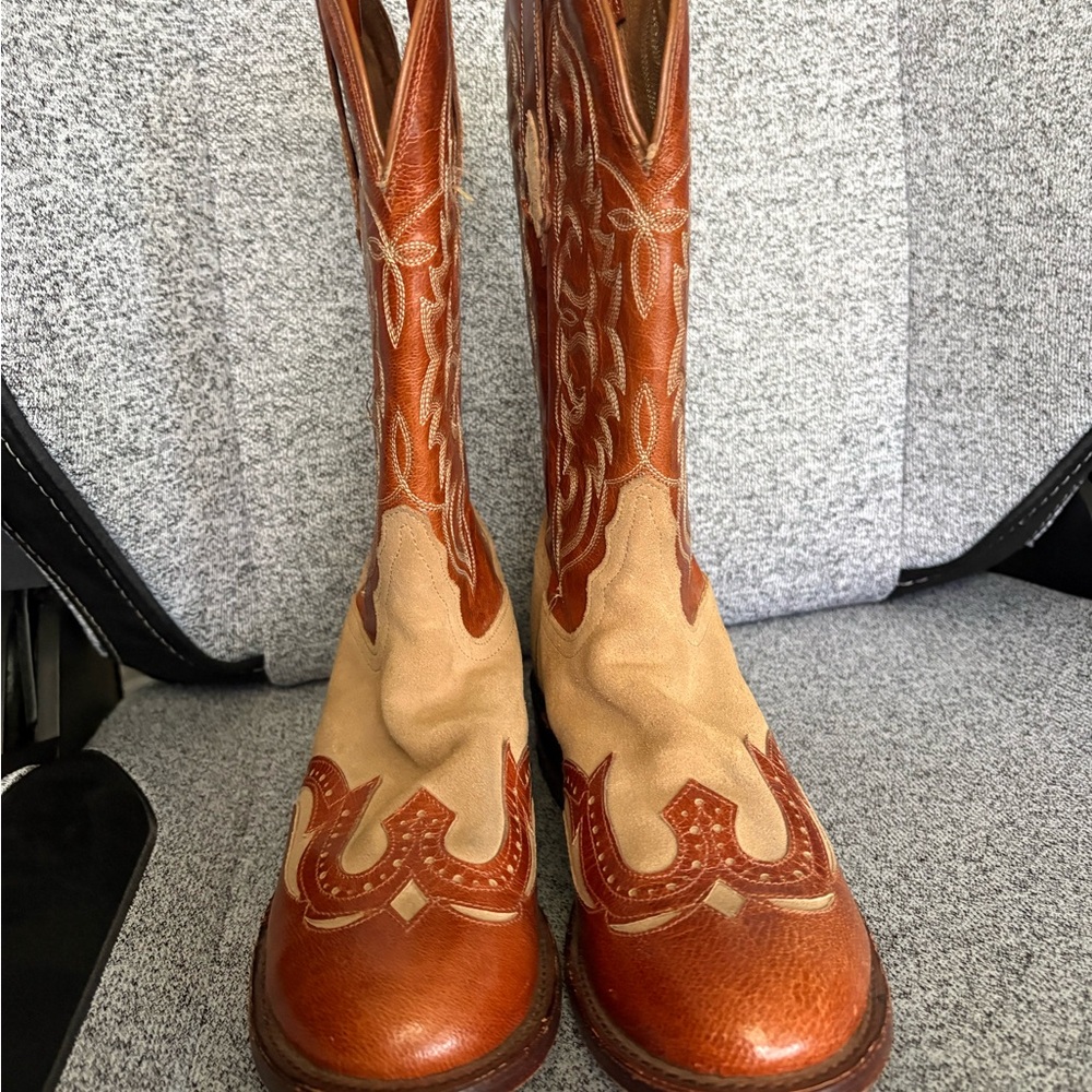Women’s Two-Tone Brown & Tan Western Cowboy Boots Size 6.5 Leather & Suede - Picture 2 of 8